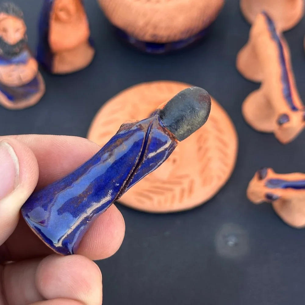 Blue Glaze Terrracota Mexican Nativity Set Folk Art Hand Painted Pottery 11 Pcs